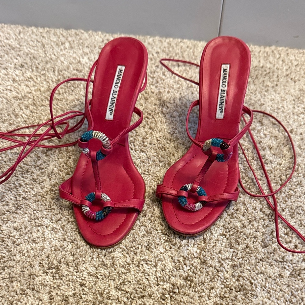 Manolo Blahnik Red and Blue Strappy Heels